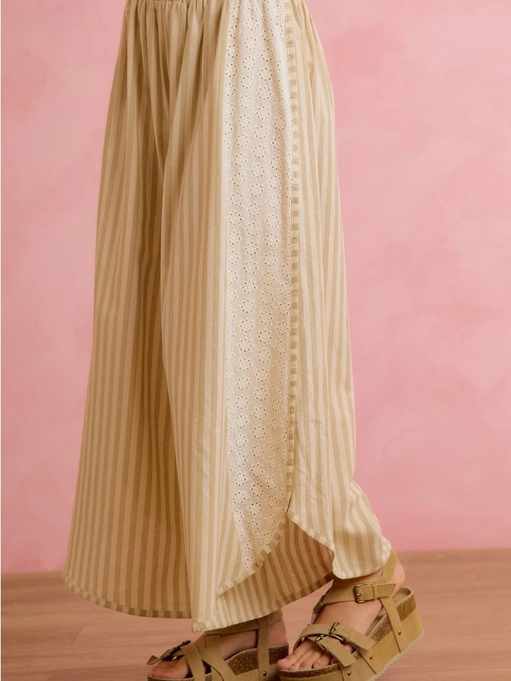 BiBi Beige Striped Eyelet-Panel Cropped Wide-Leg Pants